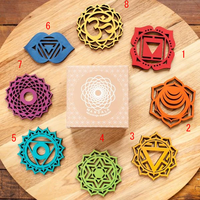 Sous-verres en feutre Chakra pour boissons, en coffret cadeau, sous-verres avec mantra, découpe au laser, service de fabrication sur mesure, sous-verres en bambou