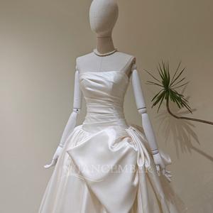 LY138 Modern <b>Boho</b> Boat Neck Ivory Satin Lace Embroidery Flowers Crystal Chapel Train Long Ball Gown Women's <b>Wedding</b> <b>Dress</b> <b>for</b> - Product Image 3