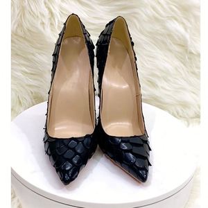 Sang trọng của phụ nữ Giày cao gót Spike gót bơm da trăn đen 12cm bơm cộng với kích thước 35-46 Mùa Thu/Mùa Đông/Mùa Hè cao su đế Logo - Product Image 1