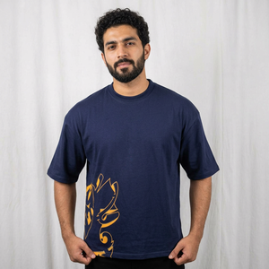 Camiseta de Manga Corta Azul Marino para Hombre con Estampado de Dragón Dorado, Cuello Redondo, Informal, Serigrafiada, 100% Algodón Jersey FINER THREADS - Product Image 1