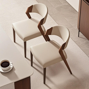 Nordic Solid Wood <b>Dining</b> <b>Chair</b> With Backrest Beige Leather Seat And Wooden Frame For Home Office Or <b>Dining</b> Room Use - Product Image 2