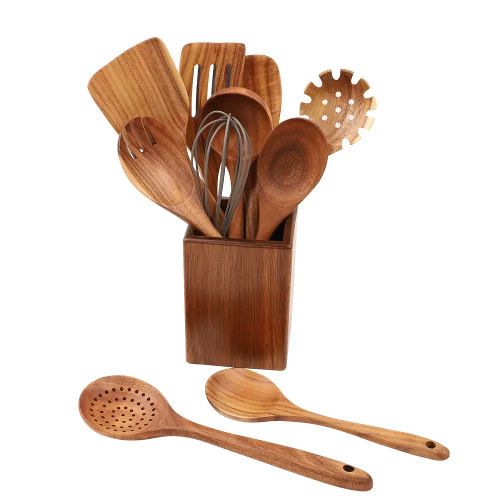 Non Stick Kitchen Teak Wood Cook Tools Set Spoon Spatula Kitchen Acacia Wooden Cooking Utensils Set