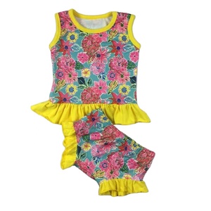 Qingli OEM No Tariffs Ruffle 2 Piece Set for Girls Kids <strong>Cute</strong> Pink Custom Smock <strong>Tshirt</strong> and Shorts Set for Kids - Product Image 3