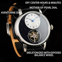 Montres automatiques personnalisées avec logo de marque, cadran en aventurine et nacre, mouvement à balancier ouvert, acier inoxydable 316L