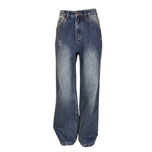 Jeans droits à jambes larges taille haute 100% coton <span class=keywords><strong>pour</strong></span> femmes, style streetwear Y2K |   <span class=keywords><strong>Jean</strong></span> délavé moyen avec détails rivetés <span class=keywords><strong>pour</strong></span> <span class=keywords><strong>femme</strong></span>, idéal <span class=keywords><strong>pour</strong></span> les trajets quotidiens - Product Image 2