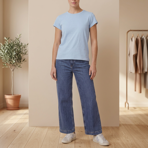 T-shirt en coton bleu clair pour femme, coupe classique, col rond, manches courtes, décontracté, jersey uni, respirant, à porter toute l'année - Product Image 1