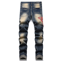Jeans imprimés denim délavés pour hommes, brodés, paisley, crânes, hip hop, streetwear, boutons en cristal, respirant