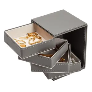 Petite boîte carrée en Faux cuir, organisateur de bijoux rotatif à 4 couches pour colliers, bagues, boucles d'oreilles, Bracelets