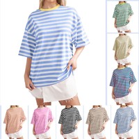 T-shirts d'été à rayures à manches courtes pour femmes Pullover Tops à col en O Harajuku Female Casual Loose Tees 2025 Ladies Basic Shirts