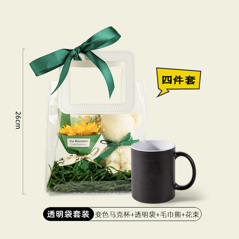Tasse à couleur changeante, sac transparent à motif personnalisé, bouquet d'ours en serviette