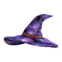 Sombrero de Bruja de Algodón con Estampado de Telaraña y Cielo Estrellado Morado para Cosplay de Halloween, Sombrero Puntiagudo de Mago Divertido con Bordado 3D para Fiesta Digital