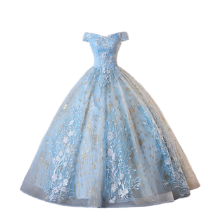 2025 abito in Quinceanera in raso stile Minthson blu reale con ricamo oro lungo fino al pavimento abito da ballo con scollo a barca abito da sposa rosso - Product Image 1