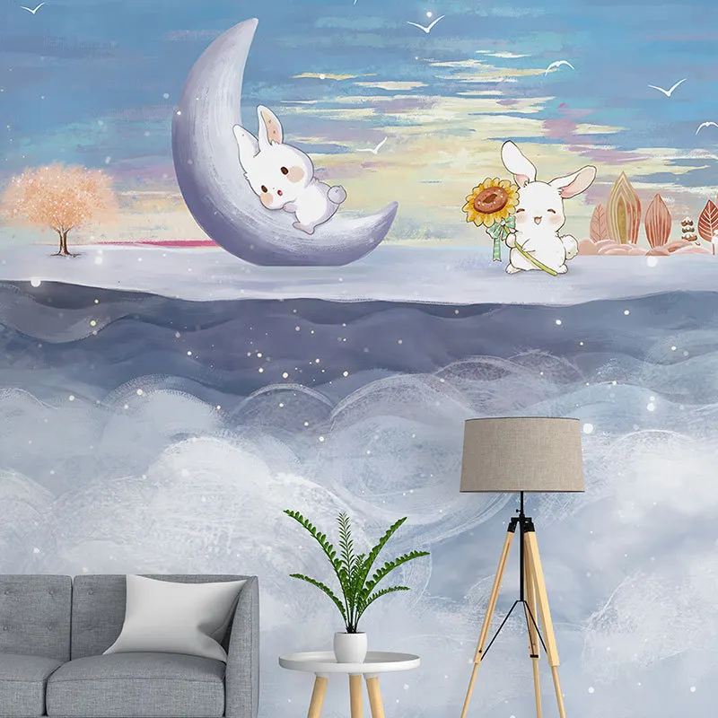 Papel tapiz para niños, Mural de pared de dibujos animados, 3D decoración del hogar, calcomanías de vinilo personalizadas para pared para niños, habitación de niños, conejo, estrella, Luna, papel tapiz