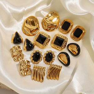 Geometric <b>Black</b> And Gold <b>Stud</b> <b>Earrings</b> Stainless Steel Party Statement <b>Earrings</b> Set - Product Image 2