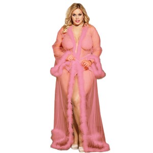 Lingerie <span class=keywords><strong>Sexy</strong></span> accappatoio in Lingerie trasparente femminile e <span class=keywords><strong>Sexy</strong></span> Longe indossa un <span class=keywords><strong>Kimono</strong></span> lungo in Mesh con vestaglia in pelliccia - Product Image 6