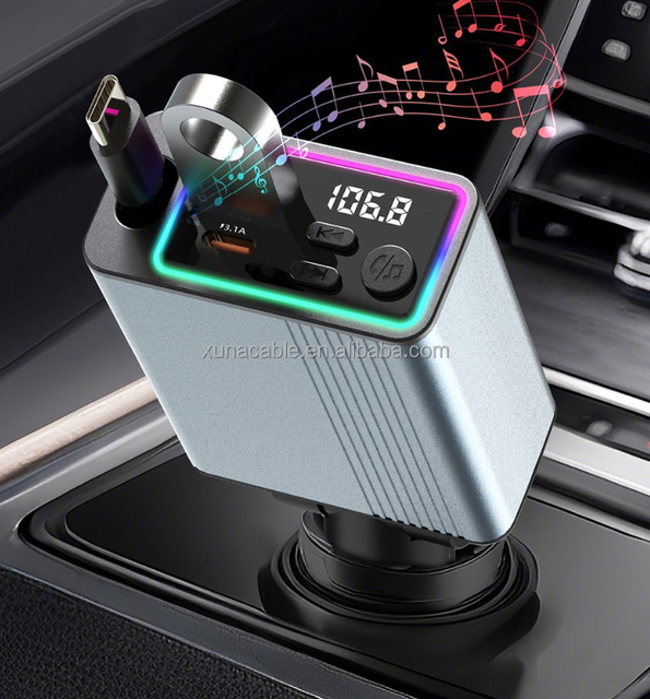 3-in-1 Type-C Car Charger Retractable Fast Charging Cable PD30W Voltage Colorful Breathing Ambient Lights for Bluetooth MP3