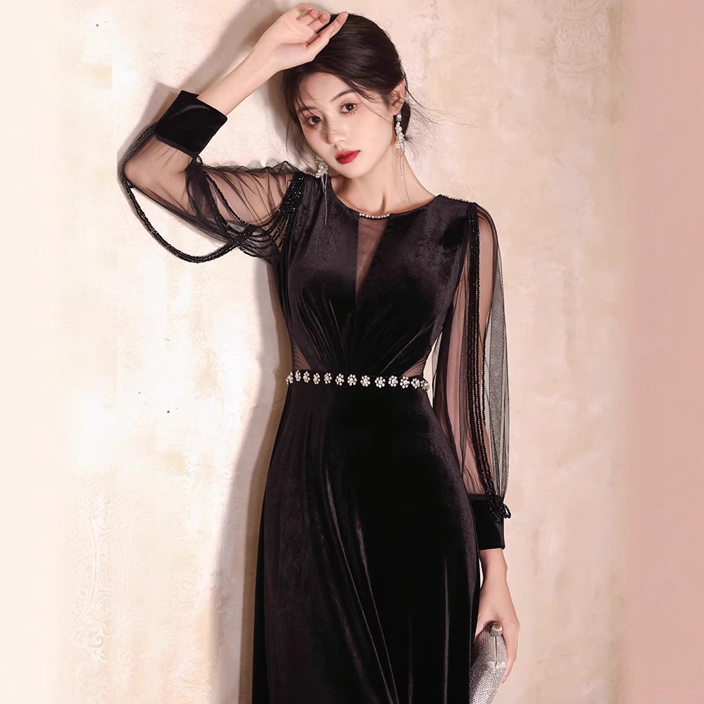 winter black formal dress Black Prom Dress with Slit, Prom Dresses, Evening Gown, Winter Formal Dress
