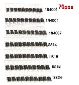 70 pcs/lot <span class=keywords><strong>SMD</strong></span> M1 <span class=keywords><strong>1N4001</strong></span> M4 1N4004 M7 1N4007 SS14 US1M RS1M SS34 7 valeurs * 10 pièces KIT Schottky Diode Set Kit Pack Pack - Product Image 1