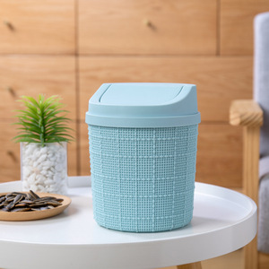 Mini Desktop Trash Can With Lid Cylindrical Blue And White Indoor Use For Office Or Household Storage - Product Image 4