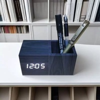 Réveil créatif en bois et PVC avec porte-stylo, contrôle acoustique, détection de l'heure mondiale, indication 24 heures, thermomètre et mouvement silencieux