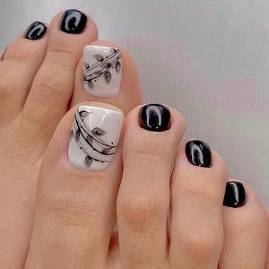 Faux ongles noirs et blancs pour les orteils, amovibles, 24 pièces, vente en gros - Product Image 1
