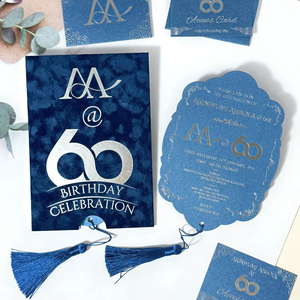 Custom <b>Embossed</b> Birthday Invitation <b>Card</b> Blue Velvet Die Cut Design with Tassel Decor for Wedding - Product Image 2