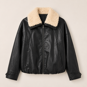 Winter Faux Shearling (PU) <b>Jacket</b> Waterproof Windproof Breathable Eco-friendly PU <b>Leather</b> Fur Collar <b>Long</b> Sleeve <b>leather</b> <b>jacket</b> - Product Image 3