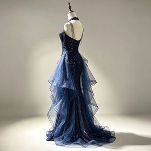 <strong>Navy</strong> Blue Halter Evening Gown Ruffle Tulle Train Sparkly Party Prom <strong>Dress</strong> - Product Image 3