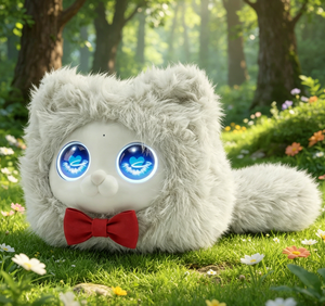Fluffy Gray Cat Plush Toy with Blue Glowing Eyes <b>Red</b> <b>Bow</b> Tie 31cm-50cm Unisex for Kids Age 2-4 Years - Product Image 1