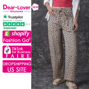 Dear-Lover Ofrece Servicio Sin <span class=keywords><strong>Cargos</strong></span> de Importación, Jeans Casuales de Mezclilla para Mujer, Color Caqui, Estampado de Leopardo, Cintura con Cordón, Bolsillos, Pierna Ancha - Product Image 1