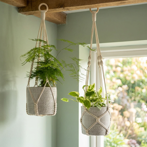 Colgador de Macramé Hecho a Mano para Plantas, Forma Geométrica, Estilo Bohemio, Decoración de Interiores, para Sala de Estar, Colgador de Cuerda Blanca Tejida - Product Image 2