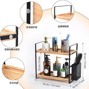 Wooden <b>Kitchen</b> Countertop Storage <b>Rack</b> Double Layer Spice Organizer With Utensil Holder For Bathroom Or <b>Kitchen</b> Use - Product Image 4