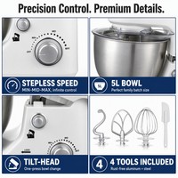 Robot pâtissier multifonction 5L 1000W avec contrôle de vitesse progressif MIN MID MAX, bol en acier inoxydable pour la pâtisserie à domicile