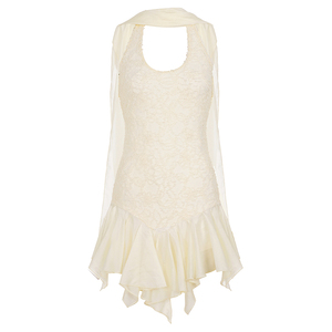 Vestido con cuello halter, encaje sólido, cintura natural, estampado digital, dobladillo asimétrico y shorts incorporados, sexy, corte regular - Product Image 6
