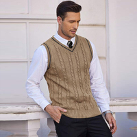 Gilet pull sans manches en maille torsadée camel pour homme avec logo personnalisé, col en V, bordure contrastante, style preppy, décontracté chic