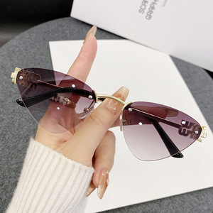 <b>Frameless</b> Cat Eye Sunglasses For Women Gold Metal <b>Frame</b> PC Lens UV400 Light Weight Fashion Sunshades - Product Image 2