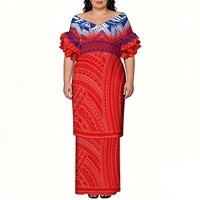 Ensemble 2 pièces pour femme, imprimé floral abstrait polynésien bleu et blanc, tenue Puletasi, jupe longue maxi assortie, îles du Pacifique