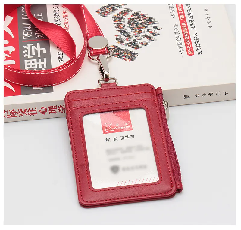 Premium PU Leather ID Badge Name Card Holder Credit Bank Card Coin Zipper Wallet With Multi Card Slots Neck Straps Lanyards