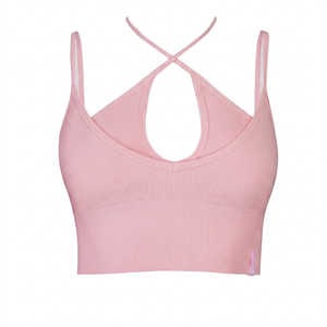 <b>Pink</b> Ribbed <b>Sports</b> Bra With Crisscross Straps Scoop Neck Medium Support Yoga <b>Top</b> Women Seamless Breathable Solid Design - Product Image 1