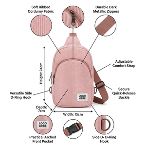 Sac bandoulière unisexe décontracté en velours côtelé rose vintage personnalisé, antivol, avec sangle simple et fermeture à double fermeture éclair - Product Image 2