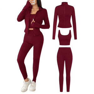 Ensemble de yoga <span class=keywords><strong>3</strong></span> pièces élégant pour femme FH 1set : veste zippée, soutien-gorge de sport froncé, leggings taille haute – Tenue de sport pour la gym, la course et le yoga - Product Image 1
