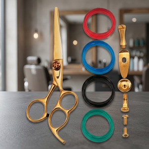 Ciseaux de barbier professionnels en acier inoxydable de 5 pouces pour droitiers avec vis réglable et inserts de bagues de doigt en quatre couleurs - Product Image 4