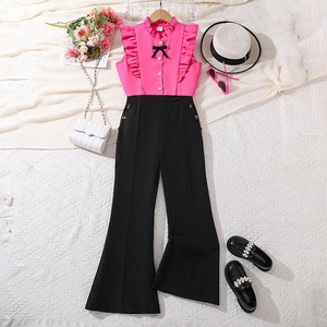 Completo estivo alla moda per ragazze: top elegante senza maniche in pizzo e <span class=keywords><strong>pantaloni</strong></span> a zampa geometrici, due pezzi per bambine più grandi - Product Image 2