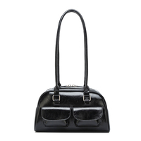 Sac à bandoulière en PU métallisé style coréen pour femme, sac à main rétro Boston avec poches avant, grande capacité, fermeture éclair, sac sous le bras