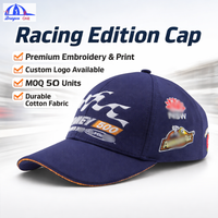 Casquette de baseball de course automobile bleue personnalisée avec broderie multi-logos, casquette de sport structurée à 6 panneaux avec visière incurvée pour hommes