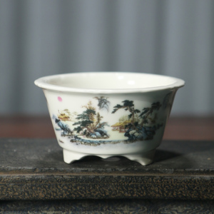 Pot à bonsaï rond en porcelaine bleue et blanche peint à la main, vase en céramique avec motif paysager pour l'affichage de plantes d'intérieur - Product Image 1
