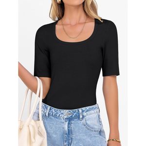 FOXA Haut en tricot côtelé pour femme, manches mi-longues, col rond, coupe ajustée, t-shirt basique, tenue décontractée d'été - Product Image 3