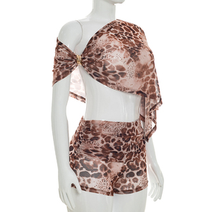 Viviblook J26ST186 Women Summer <b>Set</b> <b>Mesh</b> Leopard Print Cape Crop Top Shorts <b>Two</b> <b>Piece</b> <b>Set</b> - Product Image 3