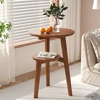 Mesa Auxiliar Redonda Moderna de Madera Maciza con Diseño de Dos Niveles, Mesa de Centro Móvil para el Hogar