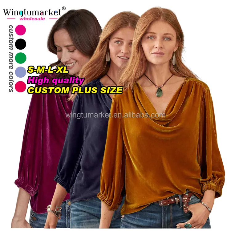 Grosir Kerja Di Luar Ruangan Tumpukan Polos Cowl Leher Pleuche Beludru Jumper Pullover Wanita Elegan Lengan Panjang Atasan Kemeja Blus